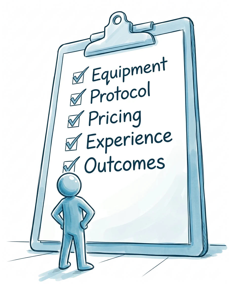 Checklist illustration showing equipment, protocol, pricing, experience, and outcomes verified